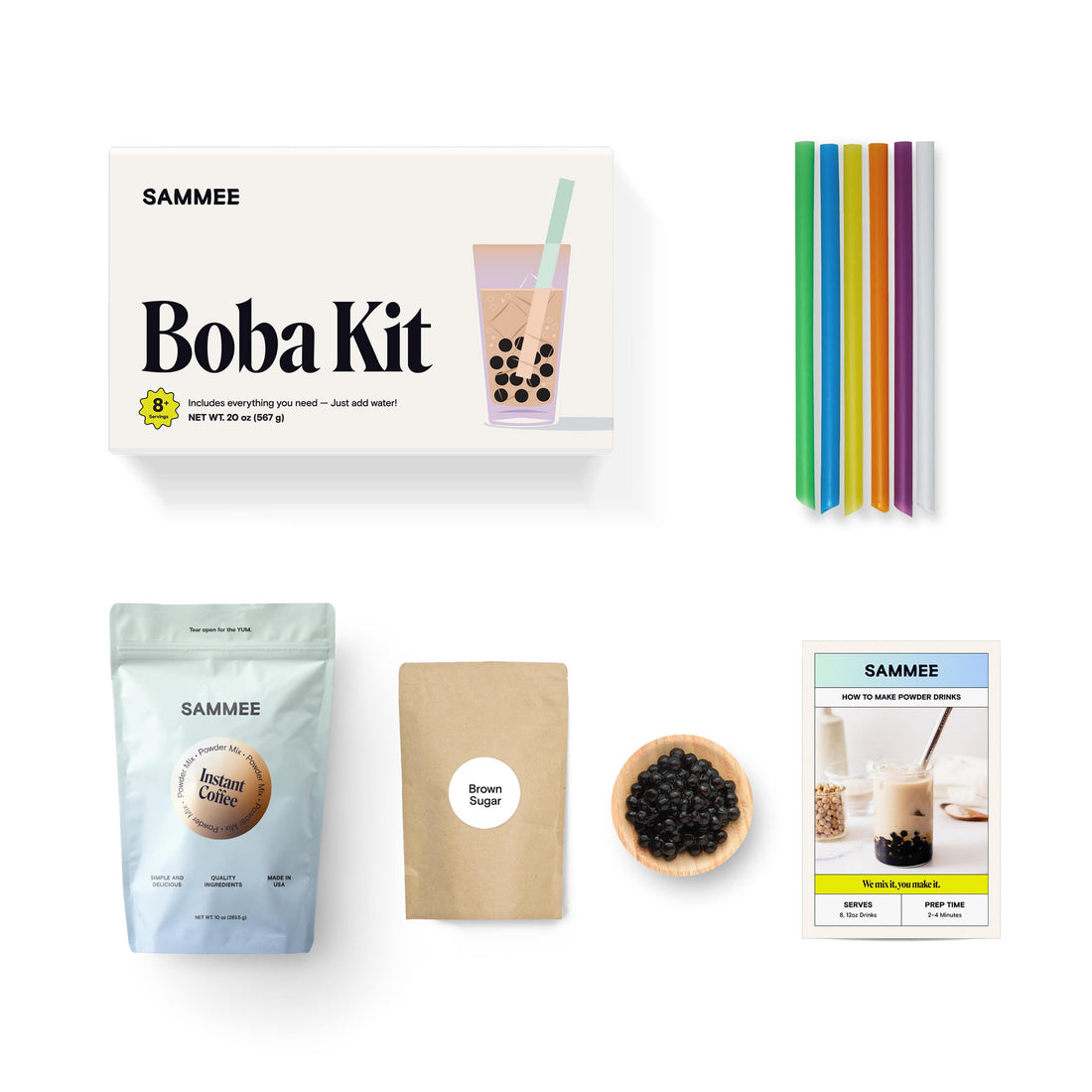 Top view of Instant Coffee Powder Boba Kit with disposable straws