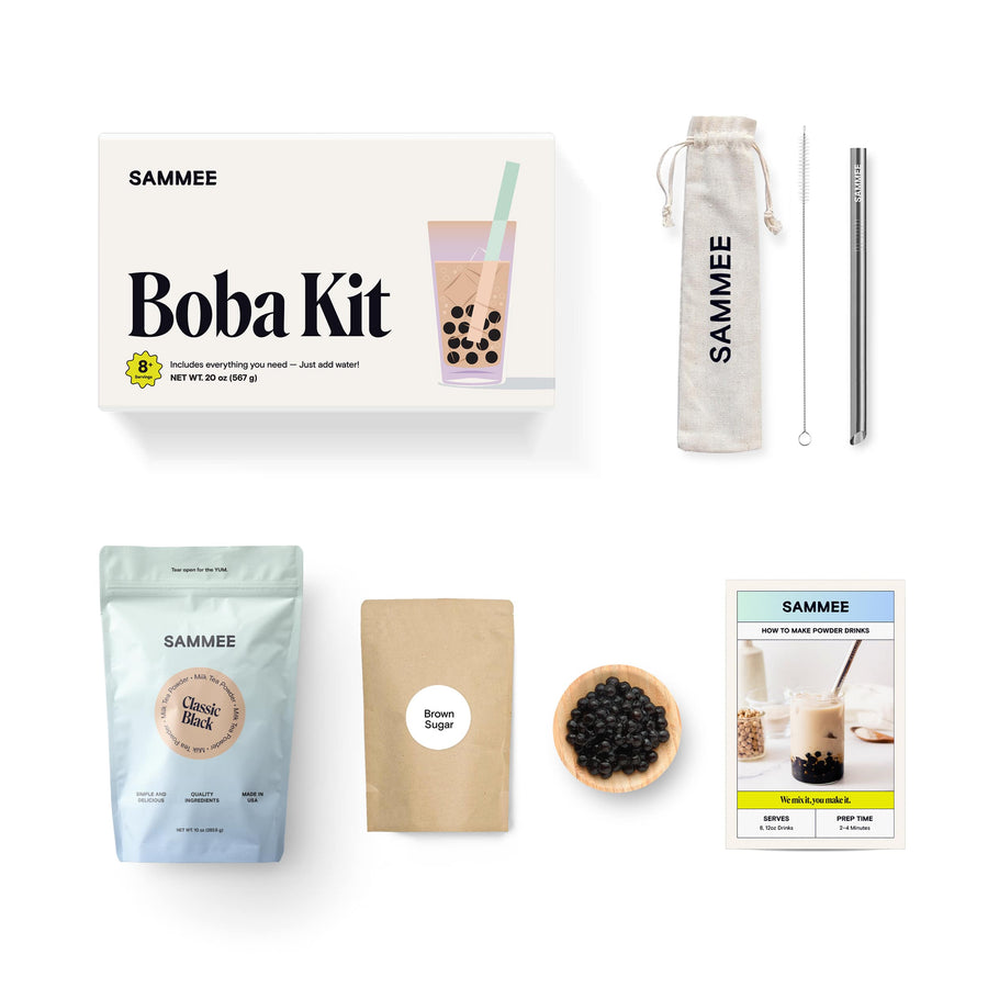 Top view of Classic Black Milk Tea Powder Boba Kit with a reusable straw