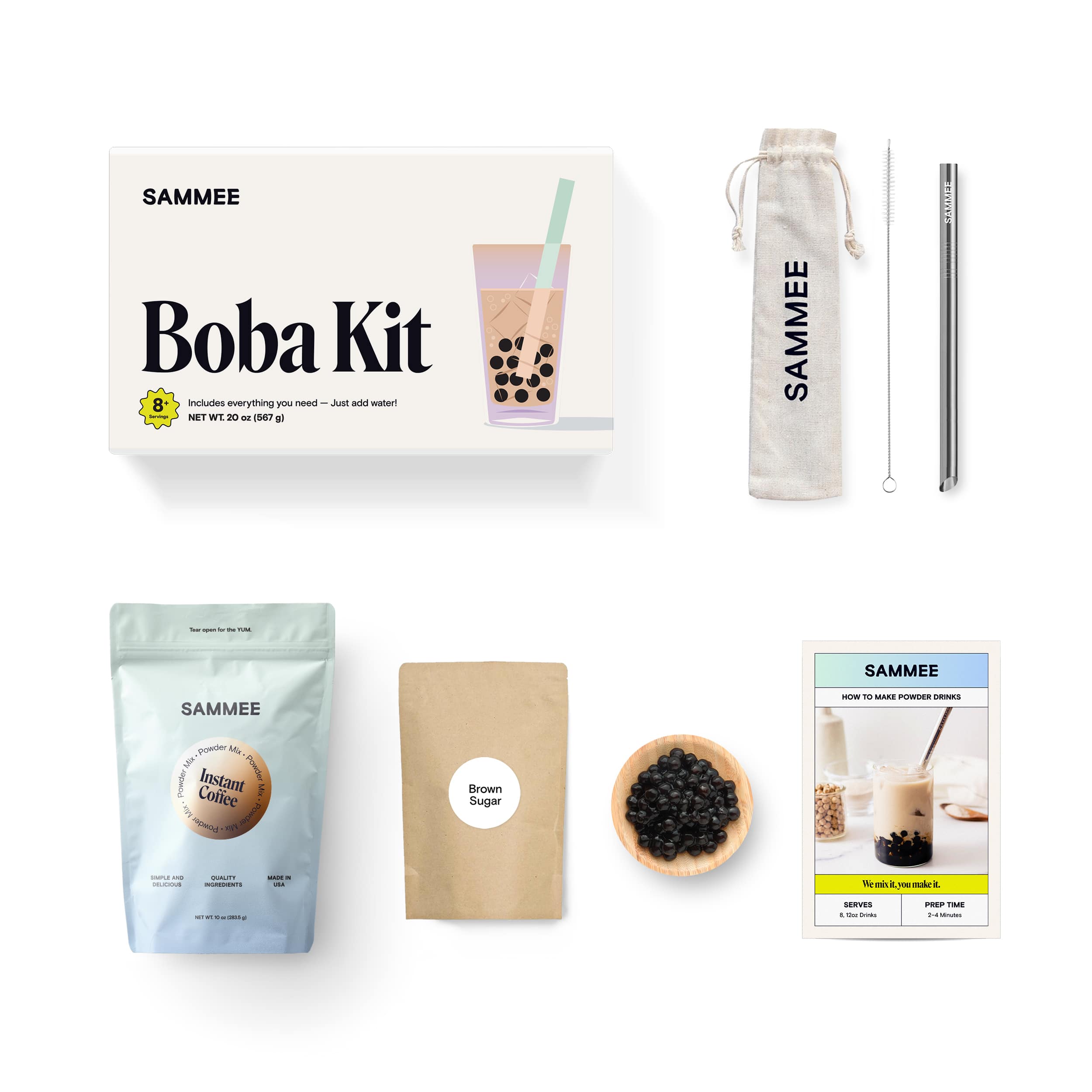 Top view of Instant Coffee Powder Boba Kit with a reusable straw